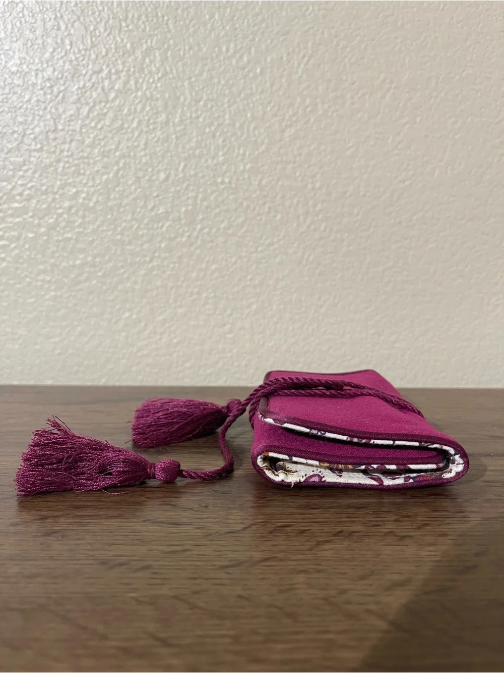 Sézane Cream Floral Crossbody Pouch with Plum Tassel Strap